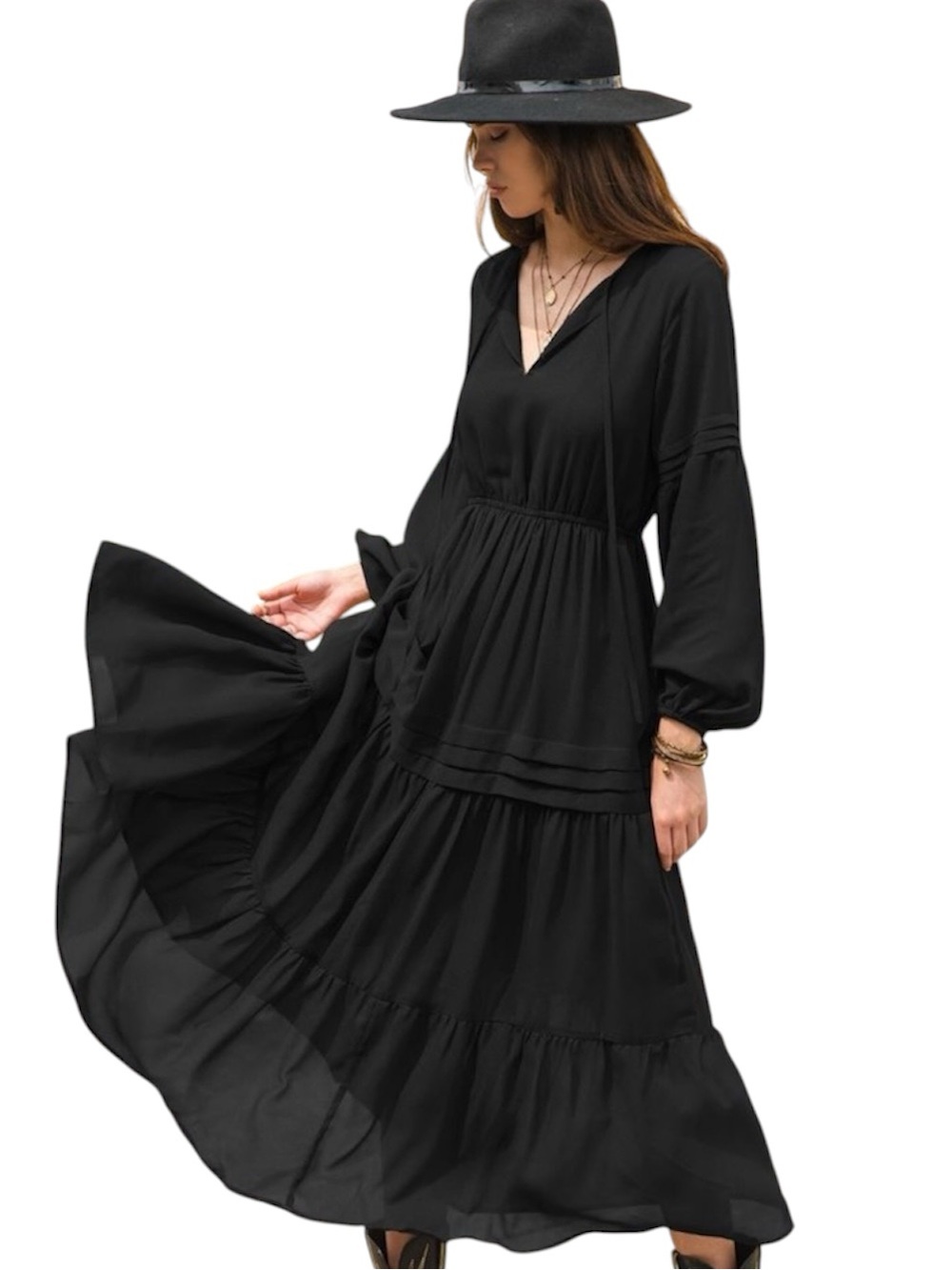 Rusttydustty Lantern Sleeve Chiffon Tiered Maxi Dress NWT